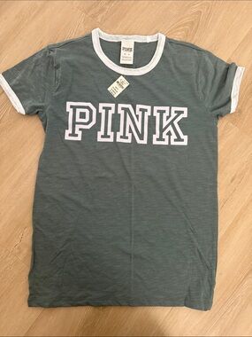 PINK Victoria's Secret Green Ringer Tee with White Trim
